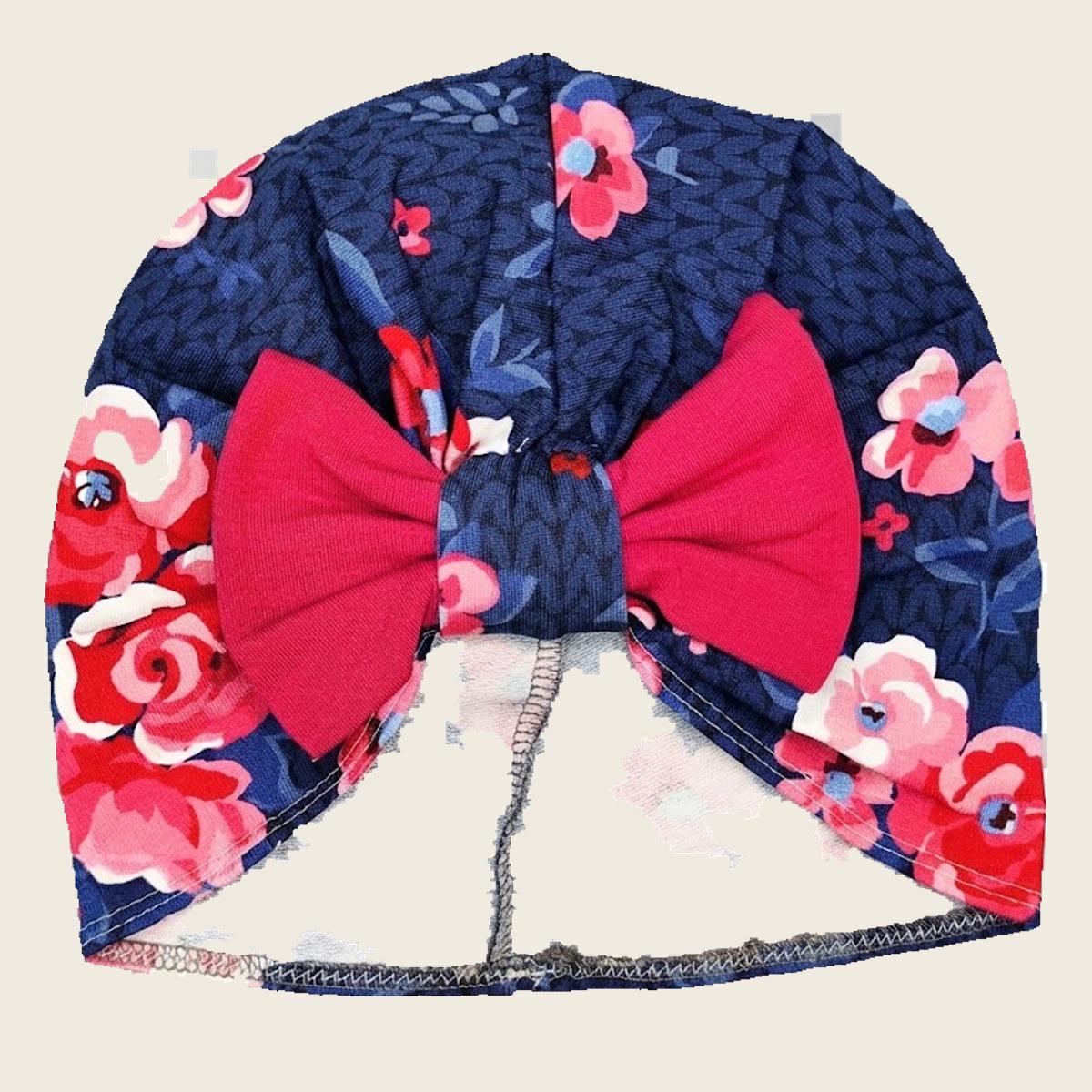 Baby-Mütze "Rosen" navy mit pinker Schleife
